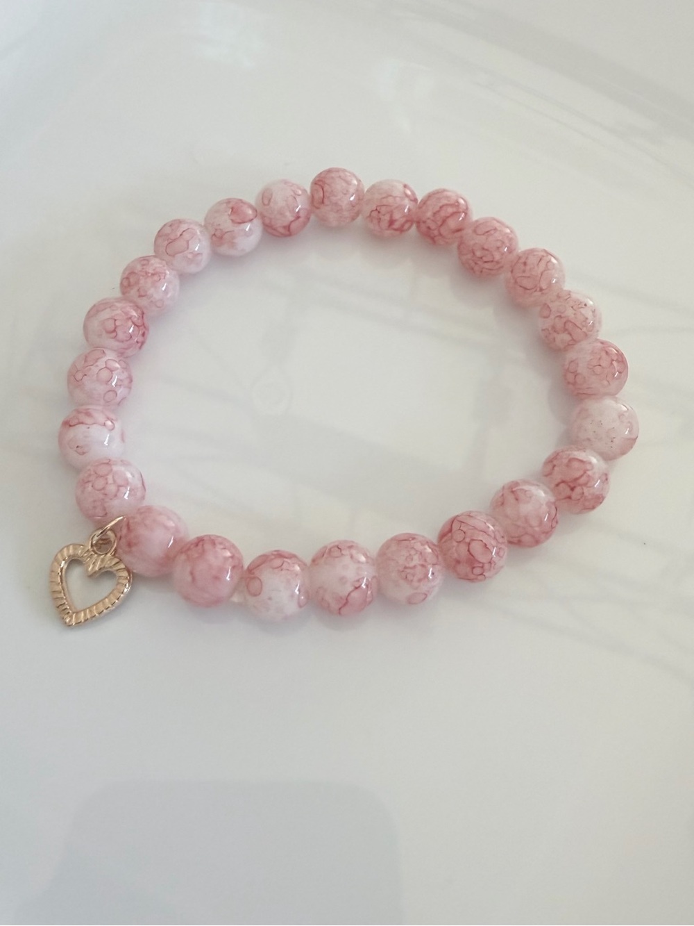 Pink Beaded Stretch Bracelet with Heart Charm Romantic Coquette Jewelry - Picture 2 of 2